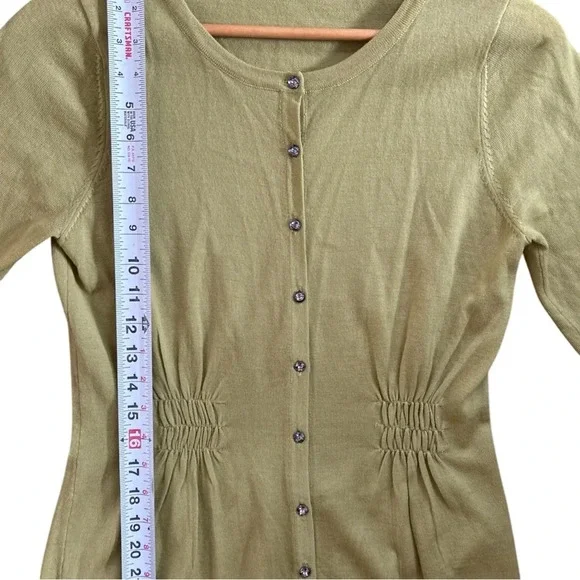 Y2K Boden Women's Chartreuse Lime Green Ruching Button Front 100% Wool Cardigan - Picture 6 of 7